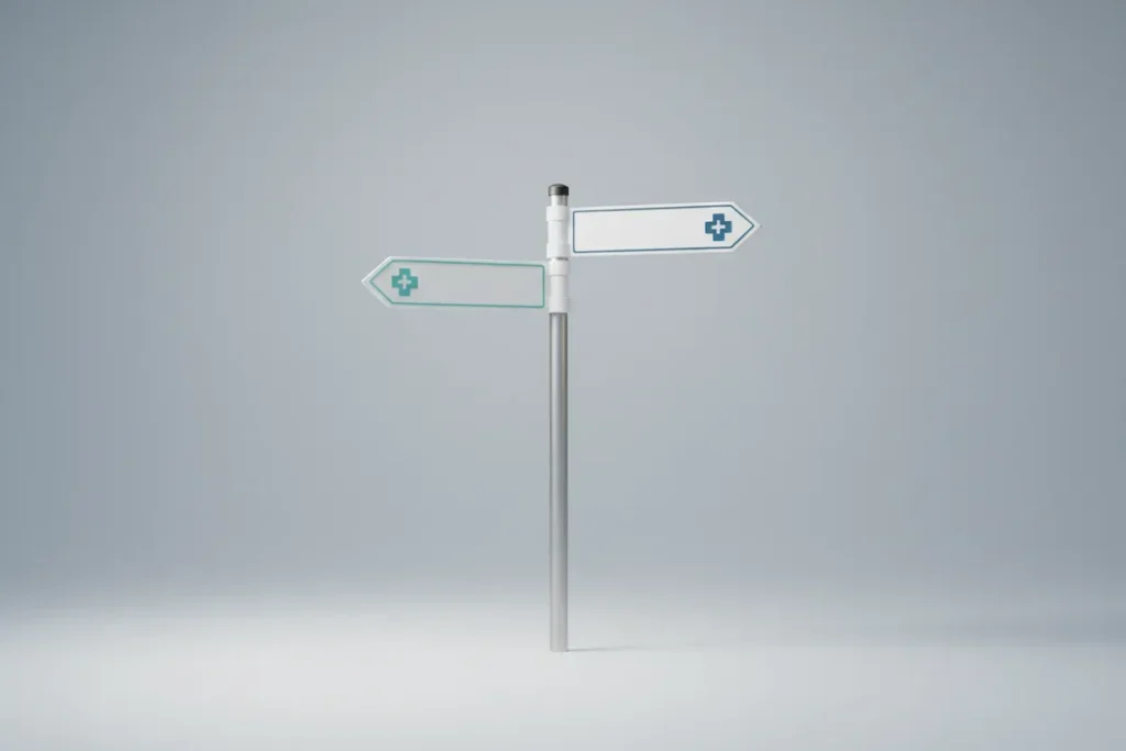Minimalist signpost with two medical‑cross arrows on a soft gradient background, representing seeking a second medical opinion.