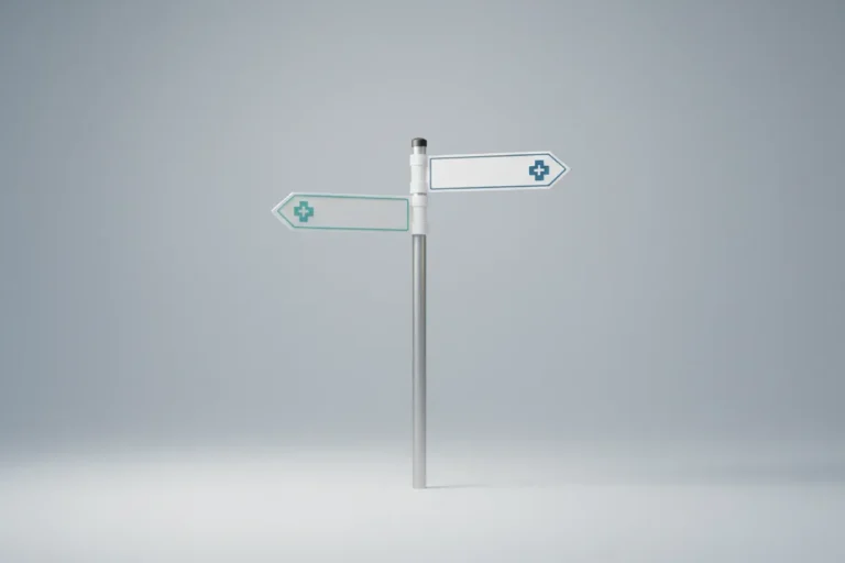 Minimalist signpost with two medical‑cross arrows on a soft gradient background, representing seeking a second medical opinion.