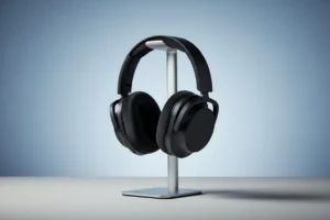 Noise-canceling headphones on a minimalist metal stand against a soft gray-blue background.