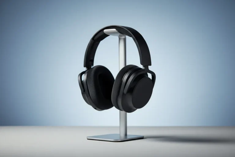 Noise-canceling headphones on a minimalist metal stand against a soft gray-blue background.