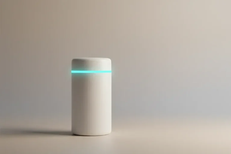 Minimalist smart pill bottle with a soft blue LED ring on a neutral background, symbolizing a consistent medication habit.